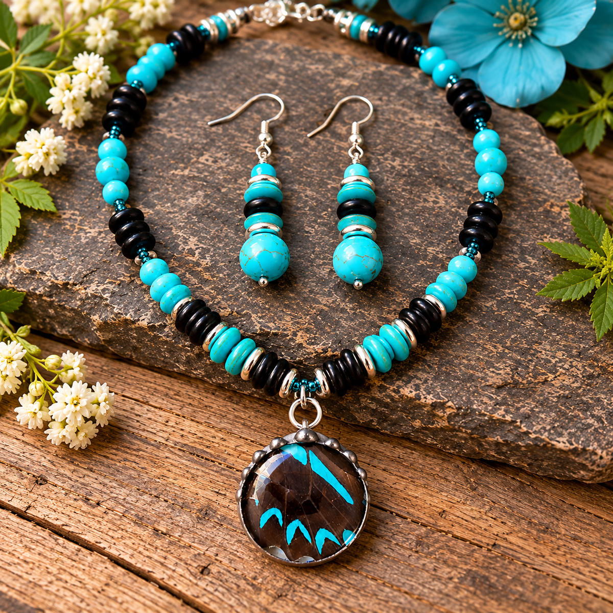 Blue Mountain Swallowtail Butterfly Wing Necklace & Earrings Set – Turquoise & Black Onyx