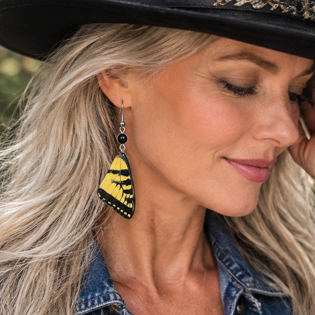 Eastern Tiger Swallowtail Laminated Forewing Earrings with Black Beads