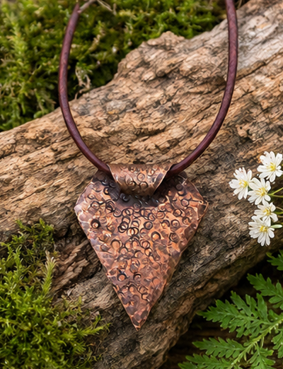 Hammered Copper Folded Spear Pendant on Leather Cord