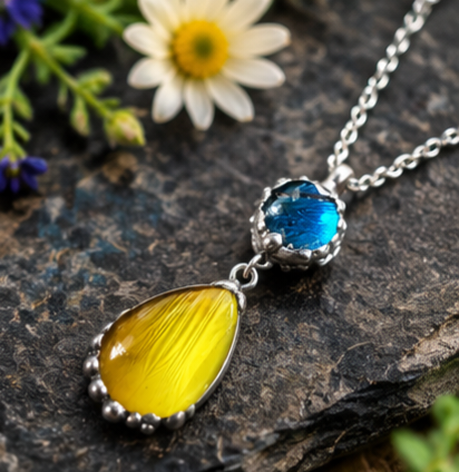 Round Blue morpho with teardrop lemon drop butterfly pendant
