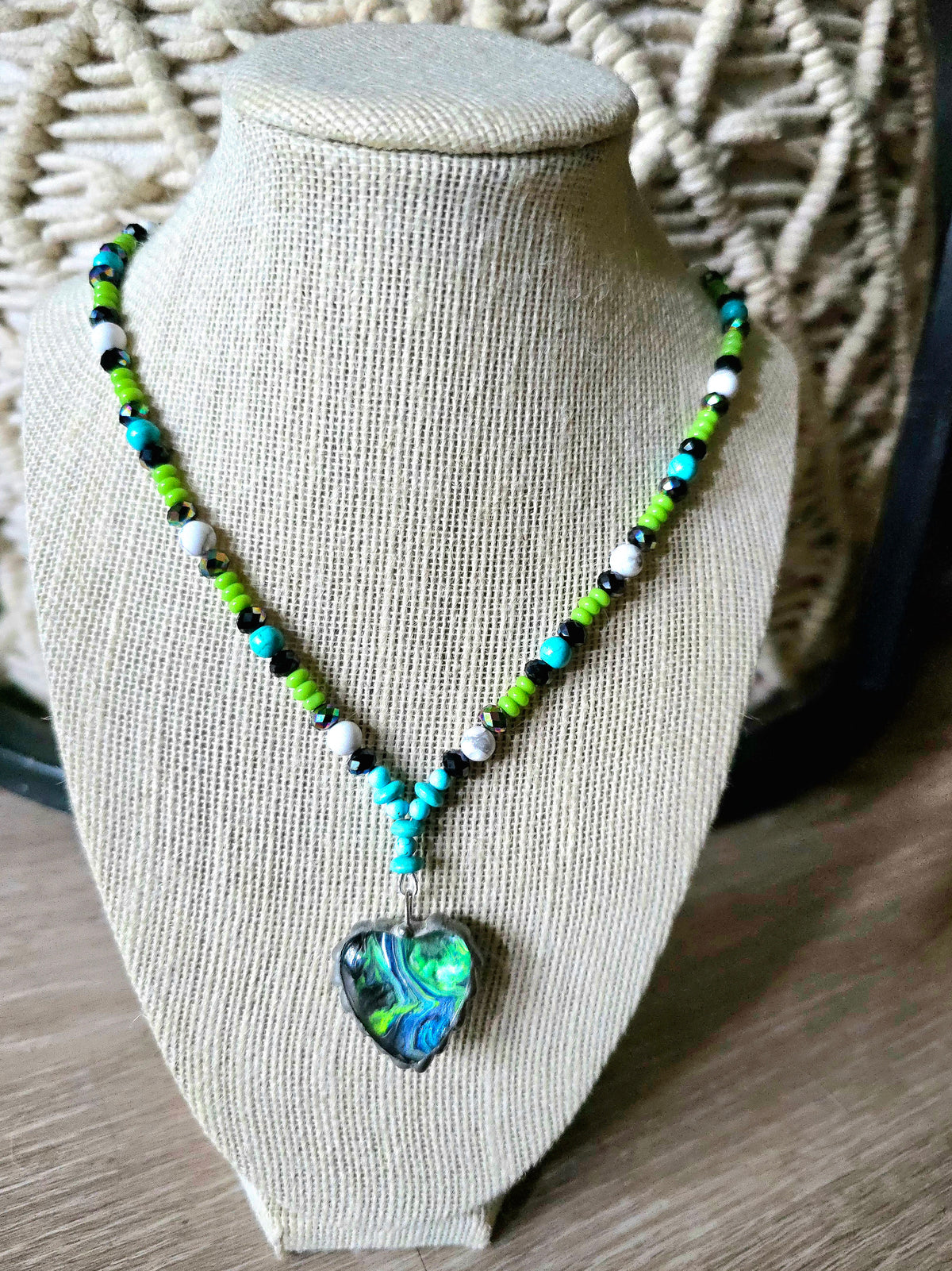 Green, Blue, Black & White Paint-Drip Heart Beaded Necklace
