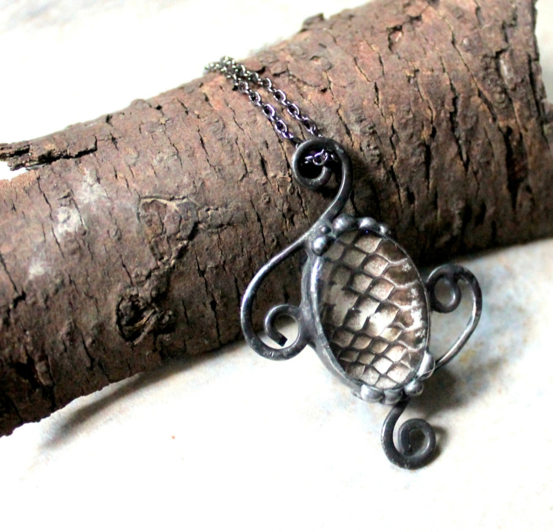 Snake Skin Oval Gunmetal Scrollwork Pendant