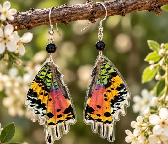 Madagascan Sunset Moth Laminated Wing Earrings with Black Onyx