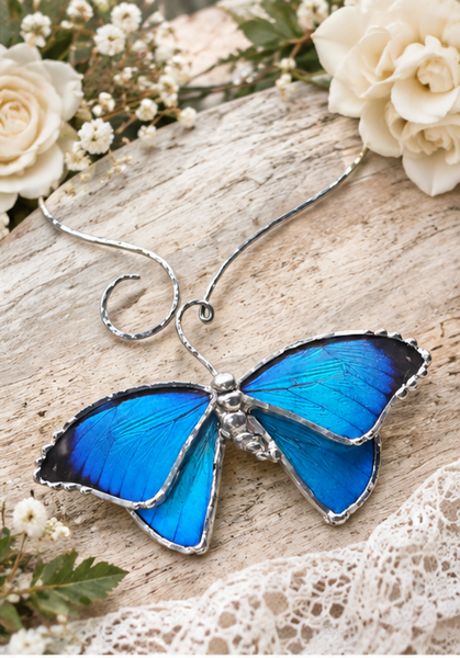 Morpho menelaus Four-Wing Hammered Silver Torc Necklace