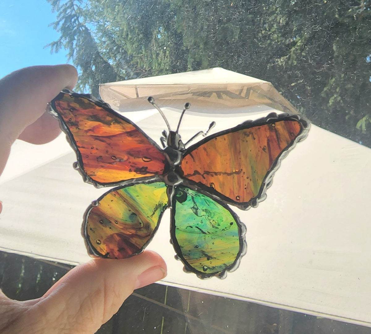 Green, Amber and Brown Stained-Glass Butterfly Figurine