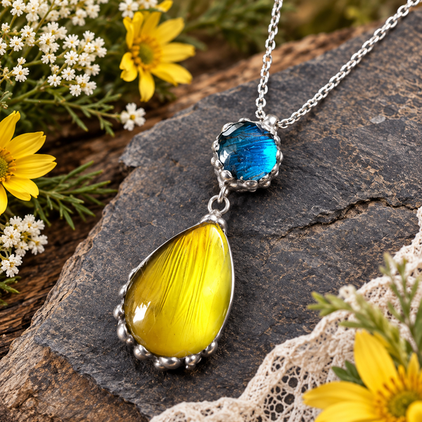 Round Blue morpho with teardrop lemon drop butterfly pendant