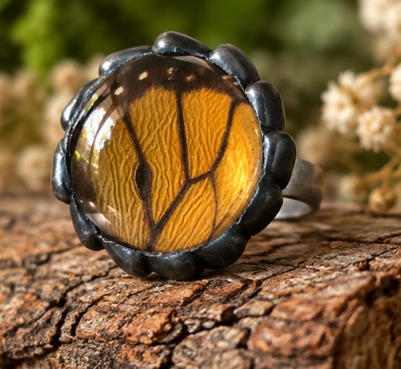 Monarch Butterfly Hindwing Glass-Dome Adjustable Ring