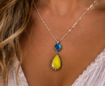 Round Blue morpho with teardrop lemon drop butterfly pendant