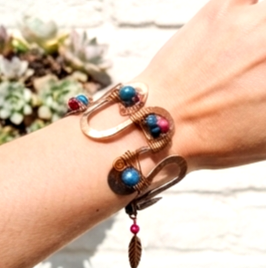 Emperor Blue Chalcedony & Red Sediment Jasper Hammered Copper S Cuff