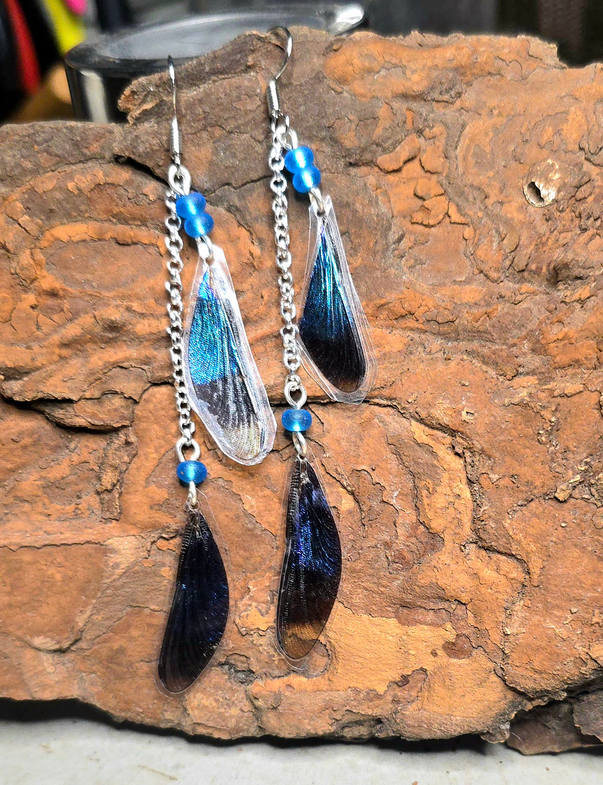 Mediterranean Demoiselle Laminated Wing Earrings with Blue AB Glass Beads