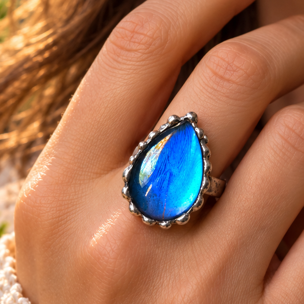 Blue Morpho (Morpho menelaus) Butterfly Wing Adjustable Ring