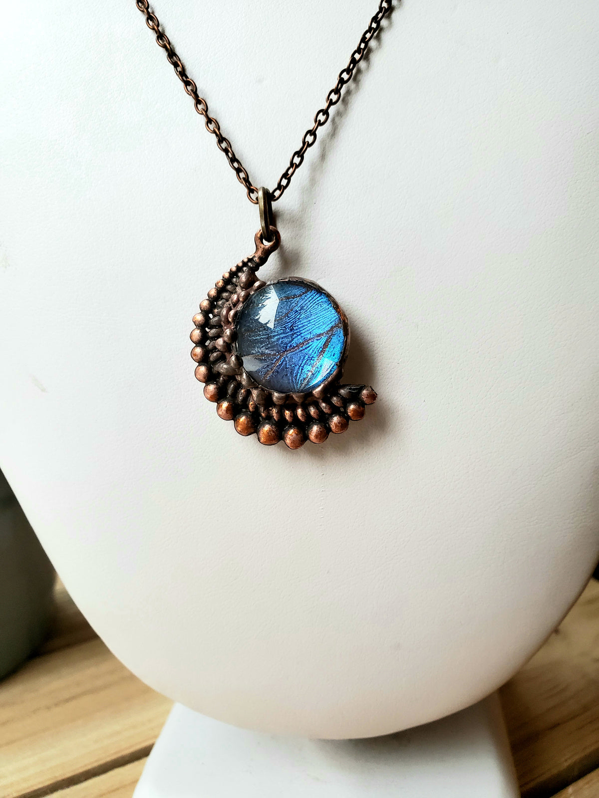 Blue Morpho Round Glass-Dome Copper Moon Pendant