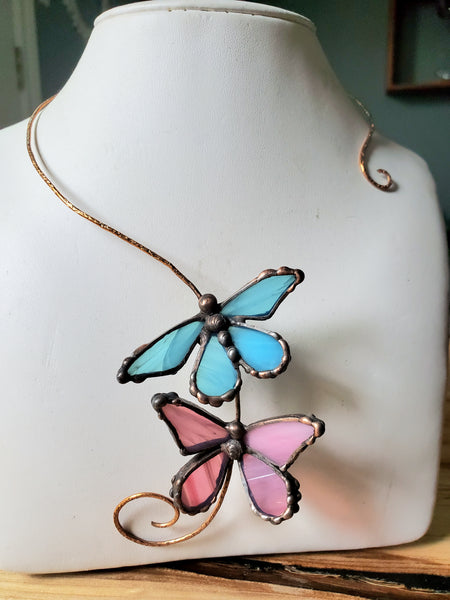 Blue & Pink Stained butterlies square brass torc