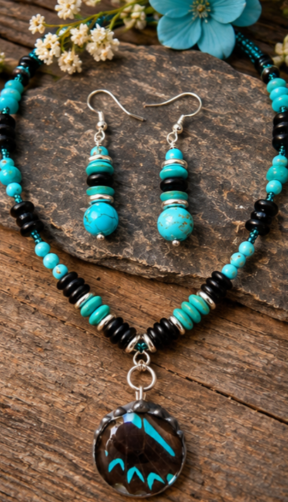 Blue Mountain Swallowtail Butterfly Wing Necklace & Earrings Set – Turquoise & Black Onyx