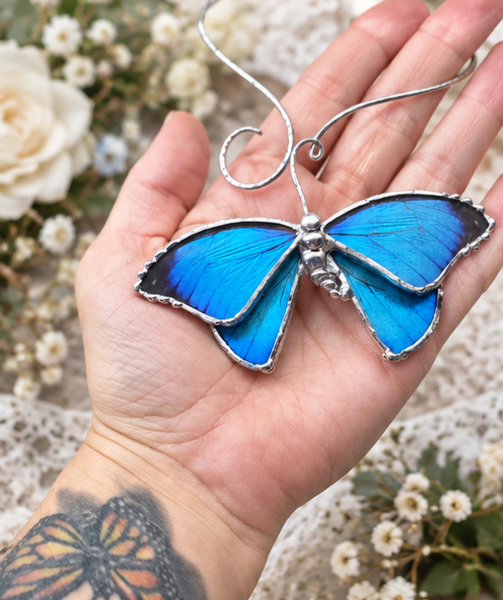 Morpho menelaus Four-Wing Hammered Silver Torc Necklace