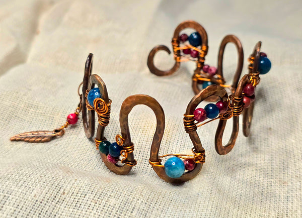 Emperor Blue Chalcedony & Red Sediment Jasper Hammered Copper S Cuff