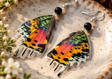 Madagascan Sunset Moth Laminated Wing Earrings with Black Onyx
