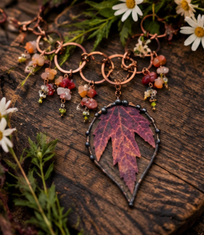 One-of-a-Kind Autumn Maple Leaf Copper Gemstone Necklace