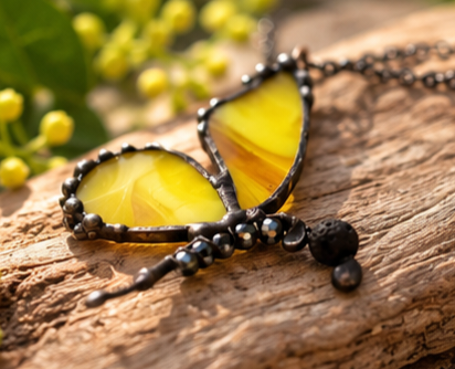 Yellow Stained Glass Butterfly Pendant with Black Crystals