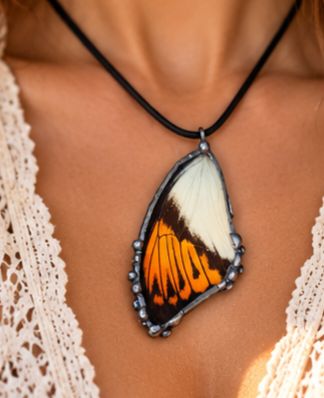 Great Orange Tip Butterfly Wing Glass Pendant