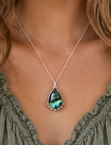 Madagascan Sunset Moth Green Forewing Reversible Teardrop Pendant