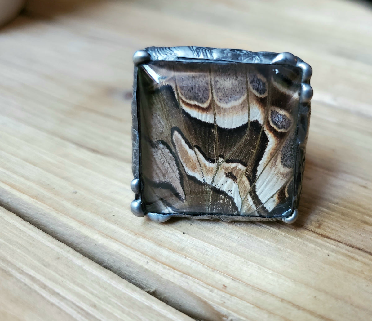 Owl Butterfly Domed Square Adjustable Ring