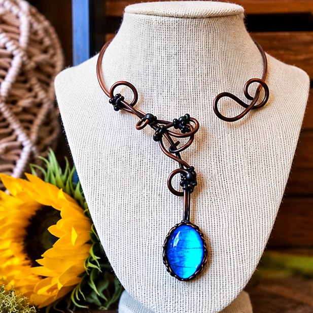 Blue Morpho Butterfly Wing Copper Scrollwork Torc Necklace