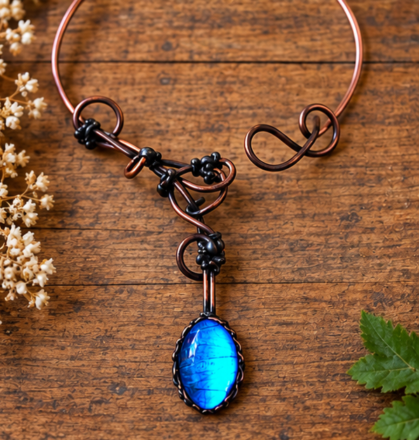 Blue Morpho Butterfly Wing Copper Scrollwork Torc Necklace