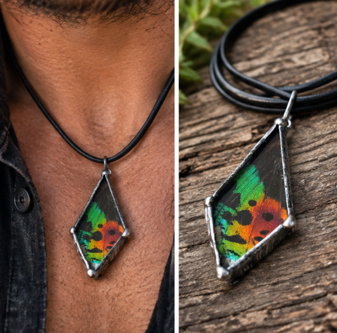 Madagascan Sunset Moth Wing Beveled Glass Pendant