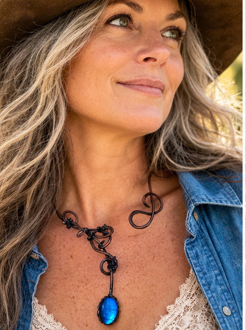 Blue Morpho Butterfly Wing Copper Scrollwork Torc Necklace