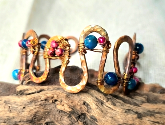 Emperor Blue Chalcedony & Red Sediment Jasper Hammered Copper S Cuff