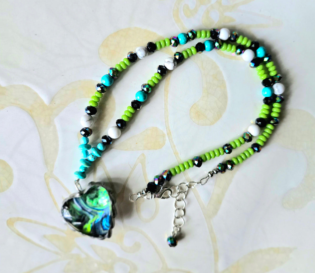 Green, Blue, Black & White Paint-Drip Heart Beaded Necklace