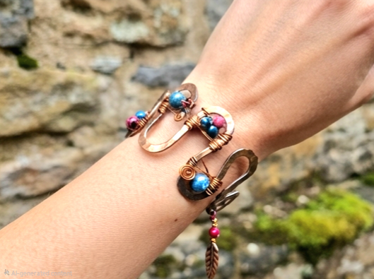 Emperor Blue Chalcedony & Red Sediment Jasper Hammered Copper S Cuff