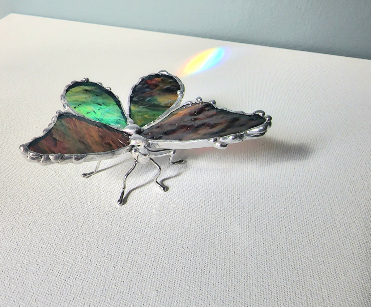 Green, Amber and Brown Stained-Glass Butterfly Figurine