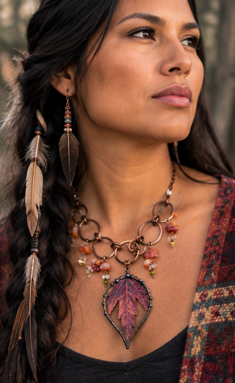 One-of-a-Kind Autumn Maple Leaf Copper Gemstone Necklace