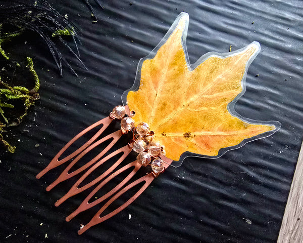 Autumn Yellow Maple Leaf Copper Hair Comb