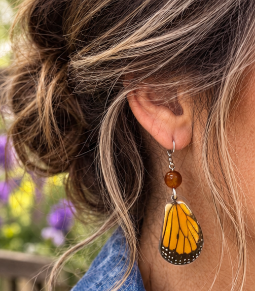Monarch Butterfly Laminated Hindwing Earrings with Orange Jasper