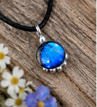 Blue morpho menelaus domed round 18" suede necklace