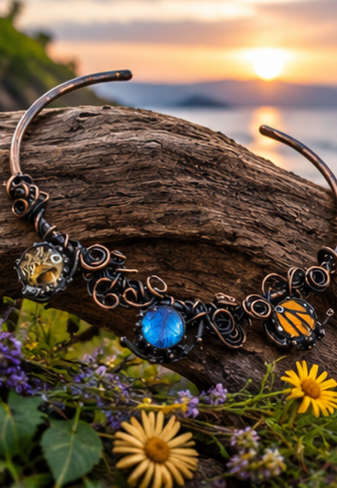 Three-Butterfly Copper Scrollwork Torc Necklace
