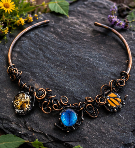 Three-Butterfly Copper Scrollwork Torc Necklace