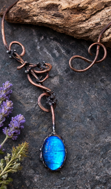 Blue Morpho Butterfly Wing Copper Scrollwork Torc Necklace