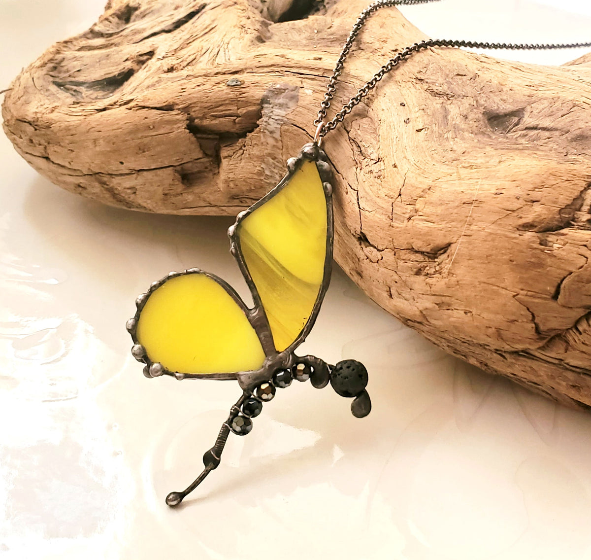 Yellow Stained Glass Butterfly Pendant with Black Crystals
