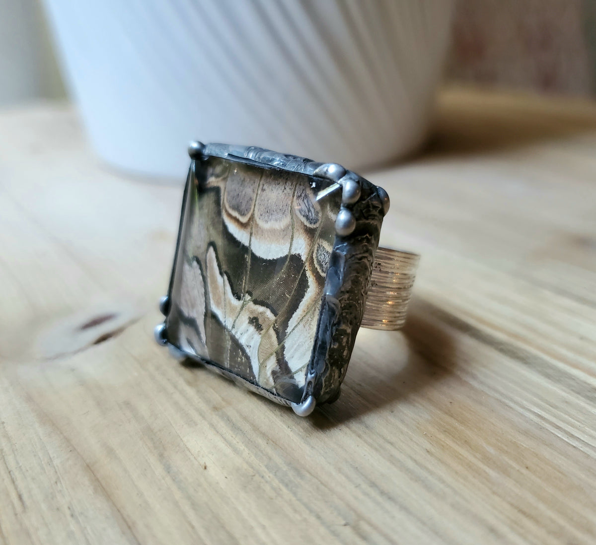 Owl Butterfly Domed Square Adjustable Ring