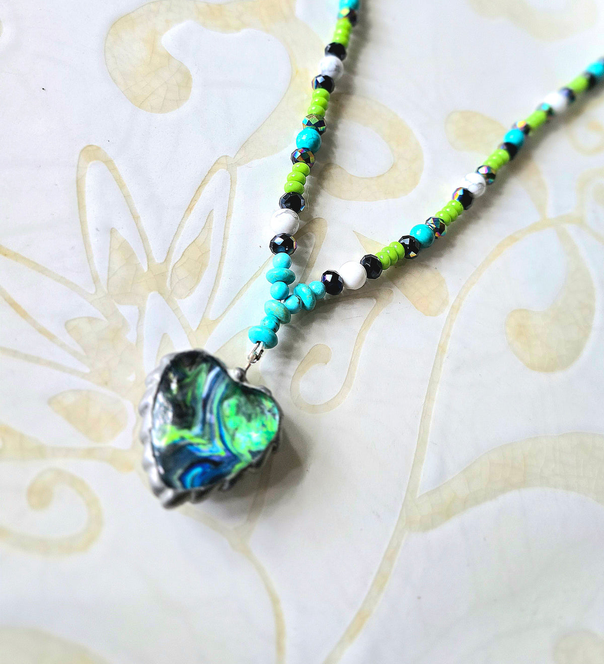 Green, Blue, Black & White Paint-Drip Heart Beaded Necklace