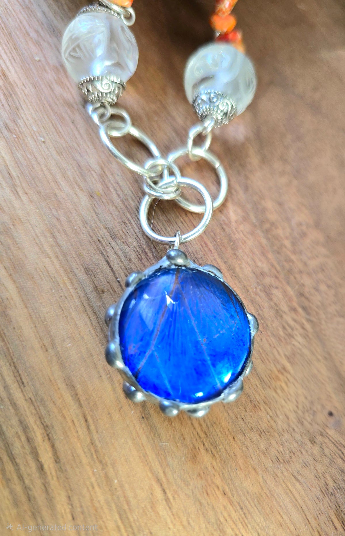 Morpho rhetenor Butterfly Wing Pendant with Spiny Oyster Turquoise & Quartz Necklace