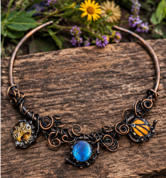 Three-Butterfly Copper Scrollwork Torc Necklace