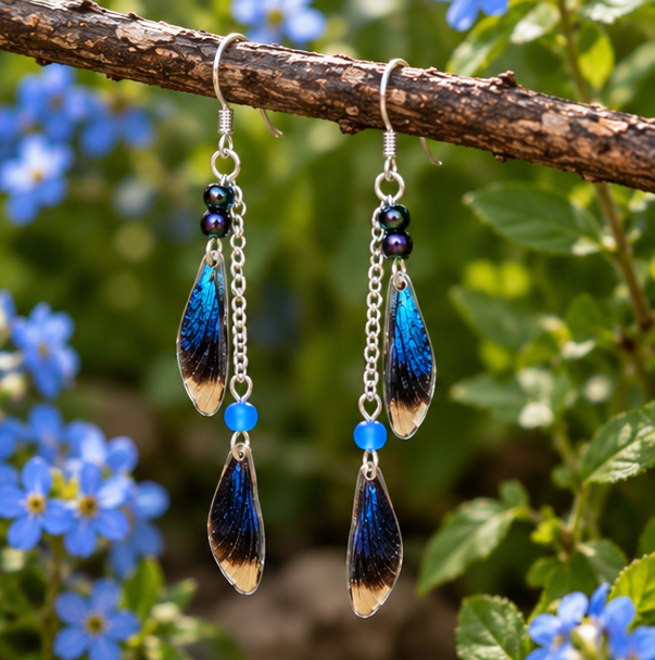 Mediterranean Demoiselle Laminated Wing Earrings with Blue AB Glass Beads