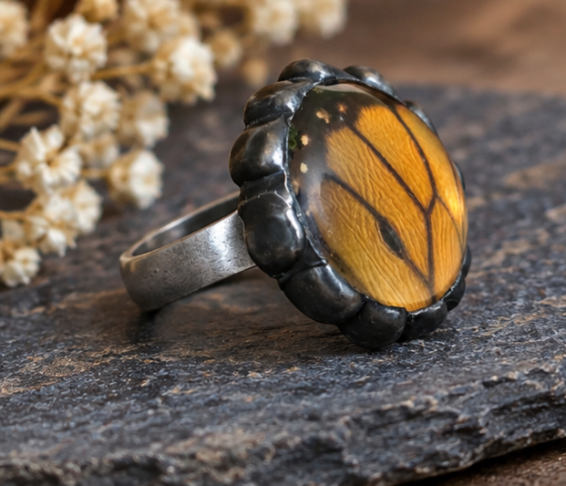 Monarch Butterfly Hindwing Glass-Dome Adjustable Ring