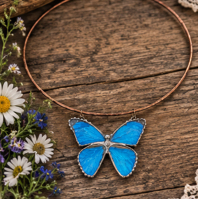 Blue Morpho Butterfly Wing Copper Torc Necklace