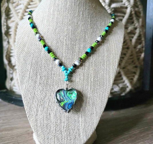Green, Blue, Black & White Paint-Drip Heart Beaded Necklace